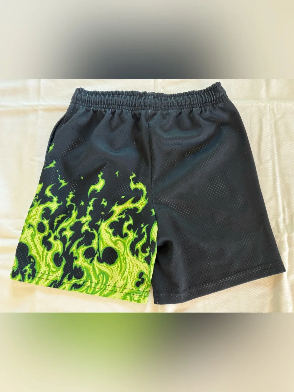 BKTSQD x ZHC Collab Boys Mesh Shorts YXL | Black Green Flame Design WOW!